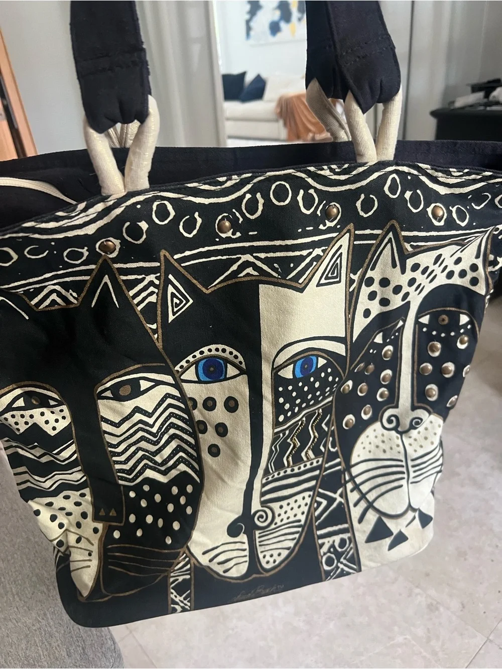 LAUREL BURCH CAT Shoulder TOTE BAG Black & White Cats Geometric  rare vintage - Picture 2 of 11